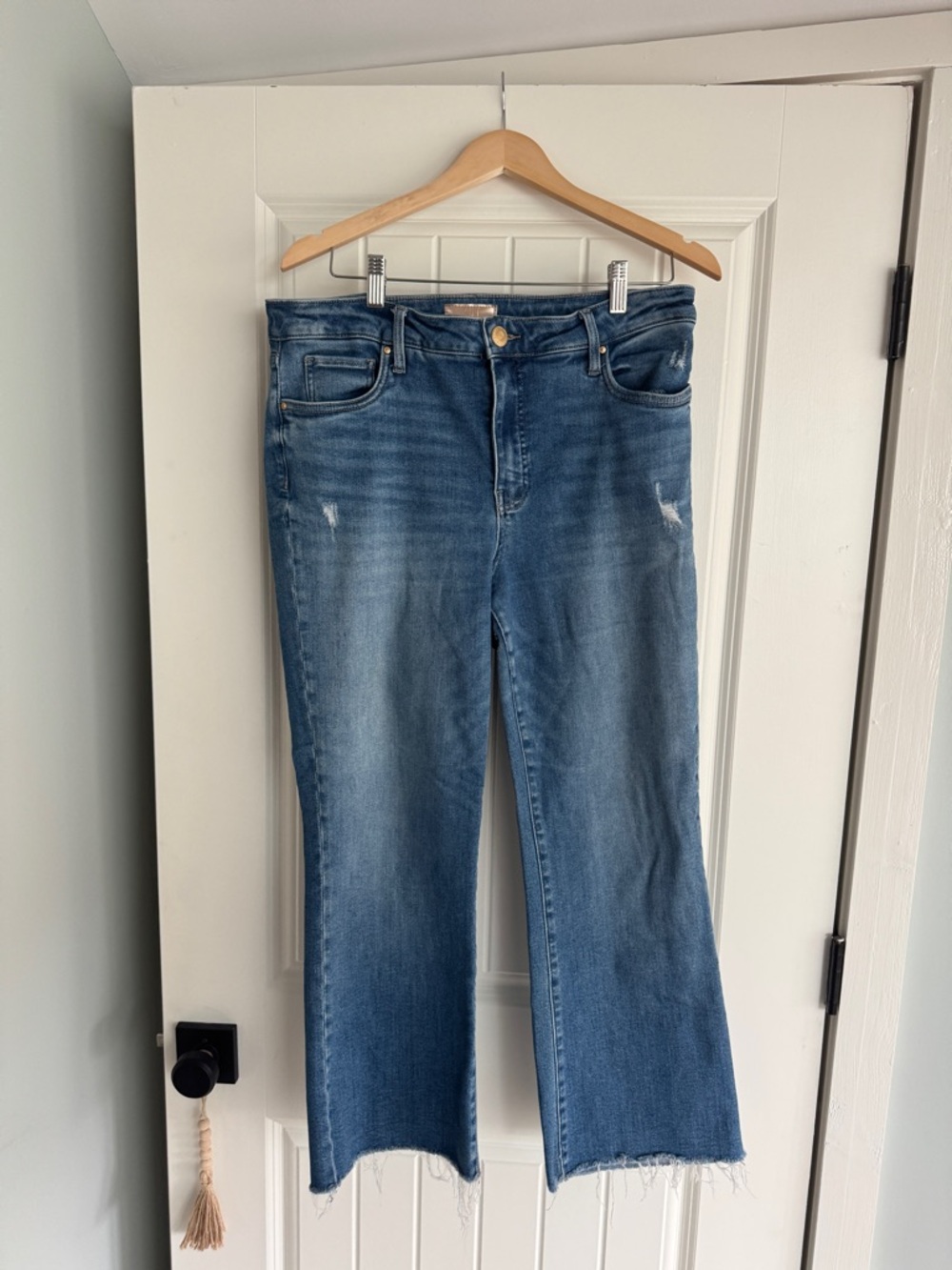 Kut from the Kloth Medium Blue Flare Jeans with Frayed Hem